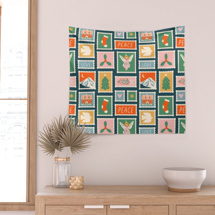 Vintage christmas postage stamp pattern Wall Tapestry Gallery Image 2