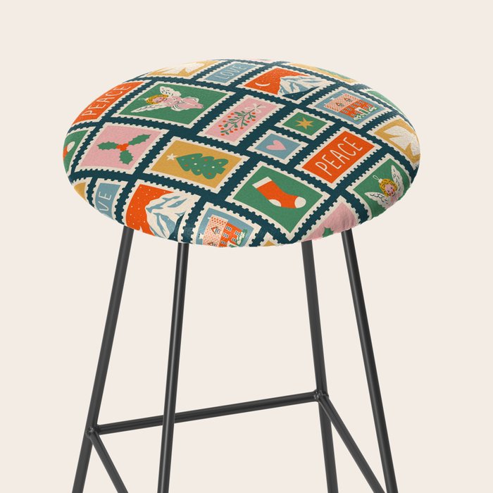 Vintage christmas postage stamp pattern Stool Gallery Image 2