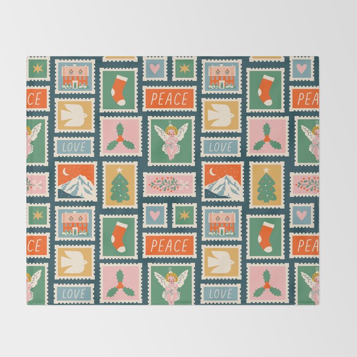 Vintage christmas postage stamp pattern Throw Blanket Gallery Image 2