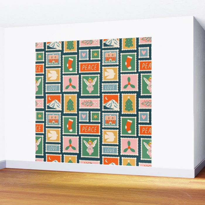 Vintage christmas postage stamp pattern Wall Mural Gallery Image 2