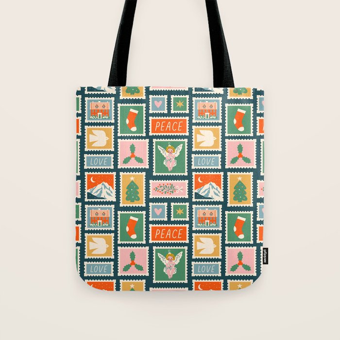 Vintage christmas postage stamp pattern Tote Bag Gallery Image 1