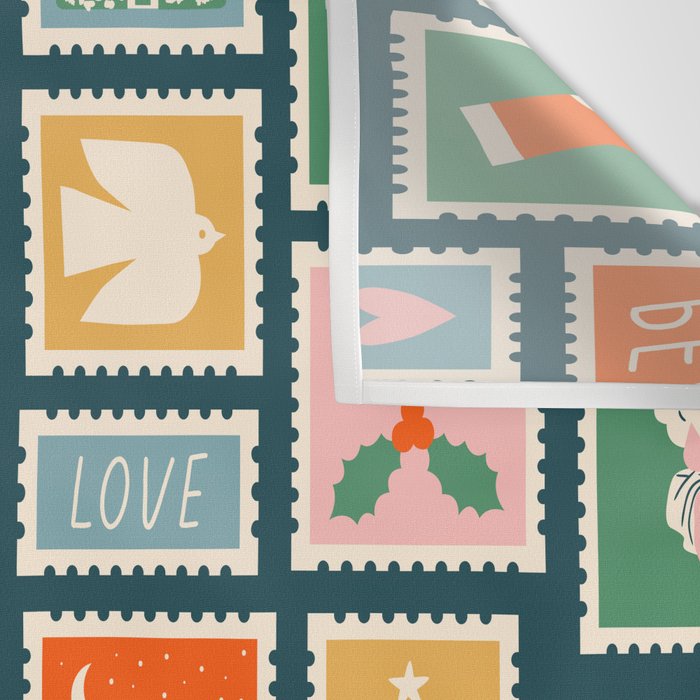 Vintage christmas postage stamp pattern Wall Tapestry Gallery Image 3