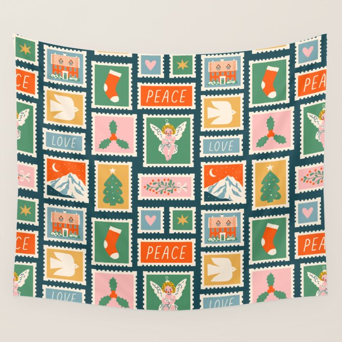 Vintage christmas postage stamp pattern Wall Tapestry Gallery Image 4