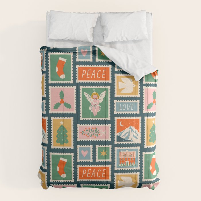 Vintage christmas postage stamp pattern Comforter Gallery Image 1