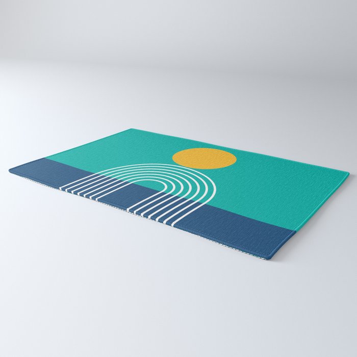 Geometric Lines in Blue Teal Yellow (Sun and Rainbow abstraction) Rug Gallery Image 3