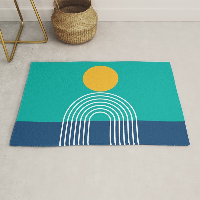 Geometric Lines in Blue Teal Yellow (Sun and Rainbow abstraction) Rug Gallery Image 1