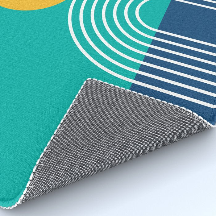 Geometric Lines in Blue Teal Yellow (Sun and Rainbow abstraction) Rug Gallery Image 4