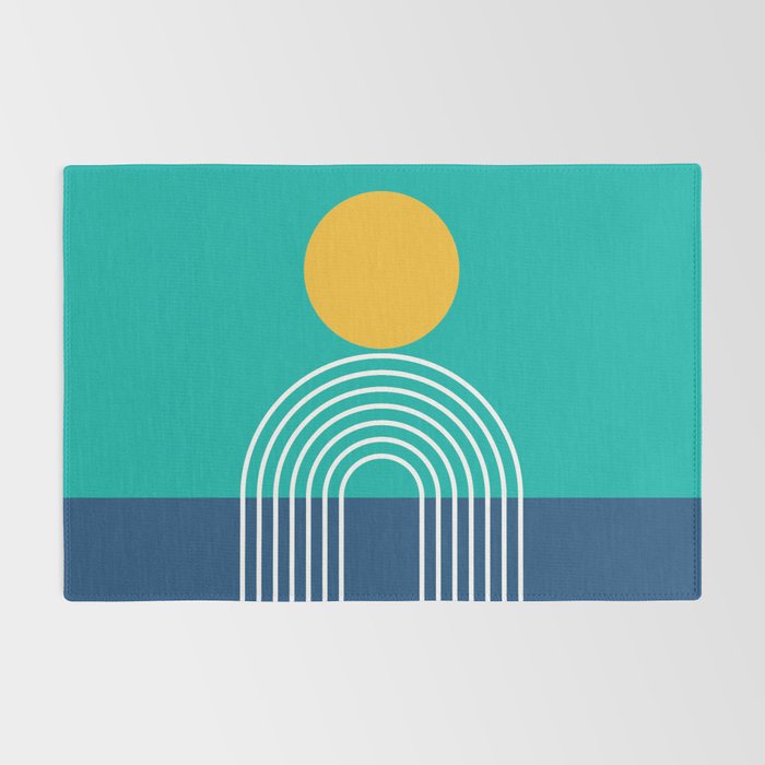 Geometric Lines in Blue Teal Yellow (Sun and Rainbow abstraction) Rug Gallery Image 2