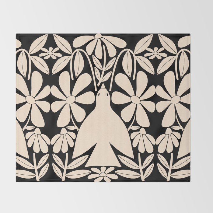 Freedom - Bird and Flower - Black and White  Throw Blanket Gallery Image 2