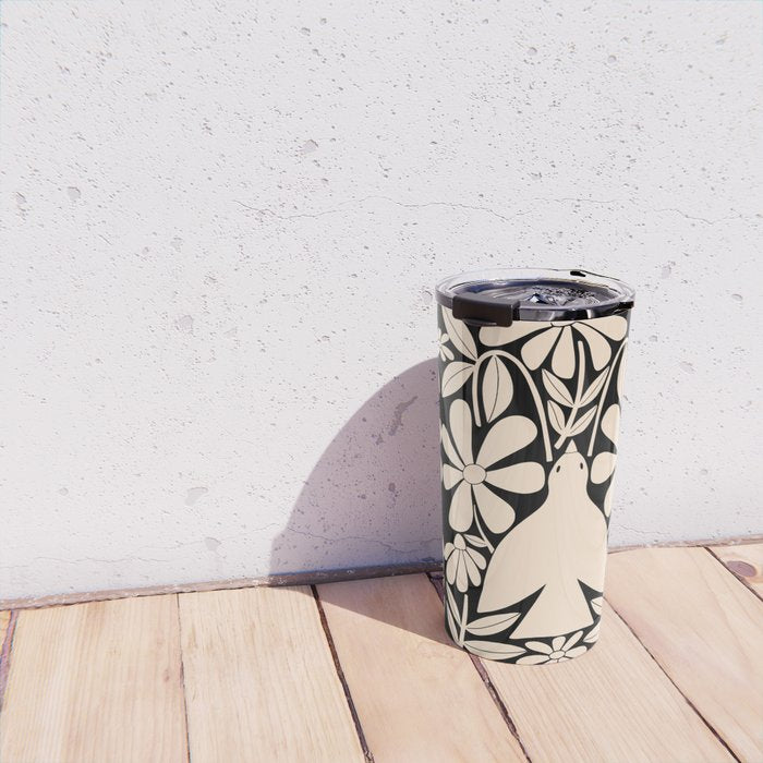 Freedom - Bird and Flower - Black and White  Travel Mug Gallery Image 4