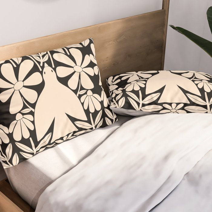 Freedom - Bird and Flower - Black and White  Pillow Sham Gallery Image 2