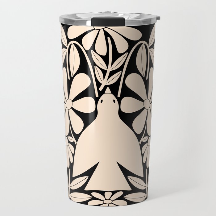 Freedom - Bird and Flower - Black and White  Travel Mug Gallery Image 1