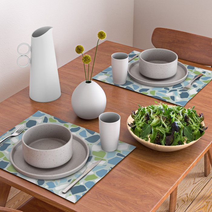 Terrazzo Mosaic Pattern, Teal Blue, Green, White Placemat Gallery Image 2