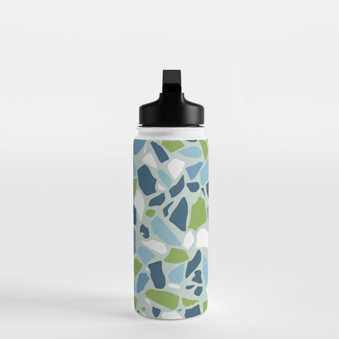 Terrazzo Mosaic Pattern, Teal Blue, Green, White Water Bottle Gallery Image 3