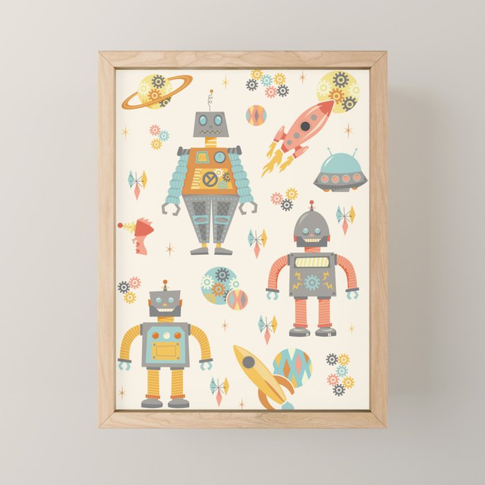 Vintage Inspired Robots in Space Mini Art Print Gallery Image 1