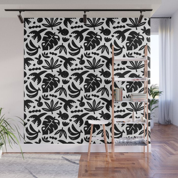 Black tropical summer nature art pattern Wall Mural Gallery Image 1