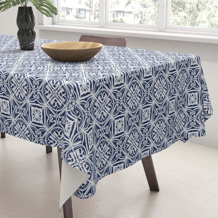 Blue tile brushstroke pattern Tablecloth Gallery Image 3
