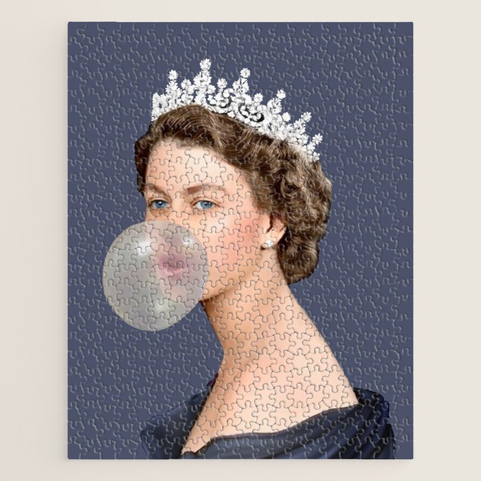 Queen Elizabeth in blue satin blowing a bubble gum Jigsaw Puzzle Gallery Image 1