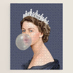 Queen Elizabeth in blue satin blowing a bubble gum Jigsaw Puzzle Gallery Image 1