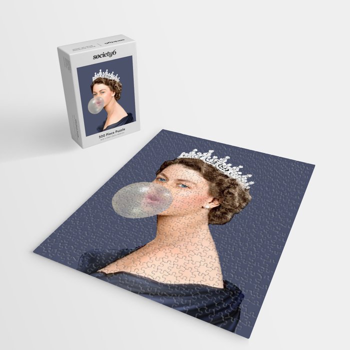 Queen Elizabeth in blue satin blowing a bubble gum Jigsaw Puzzle Gallery Image 2