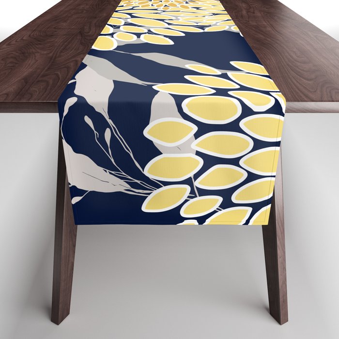 Floral Leaves and Blooms, Yellow and Navy Blue Table Runner Gallery Image 1
