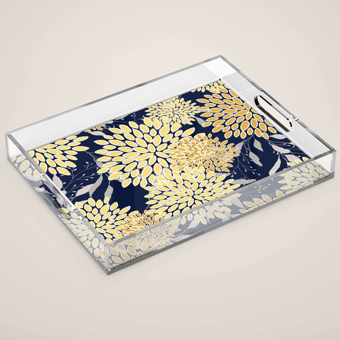 Floral Leaves and Blooms, Yellow and Navy Blue Acrylic Tray Gallery Image 1