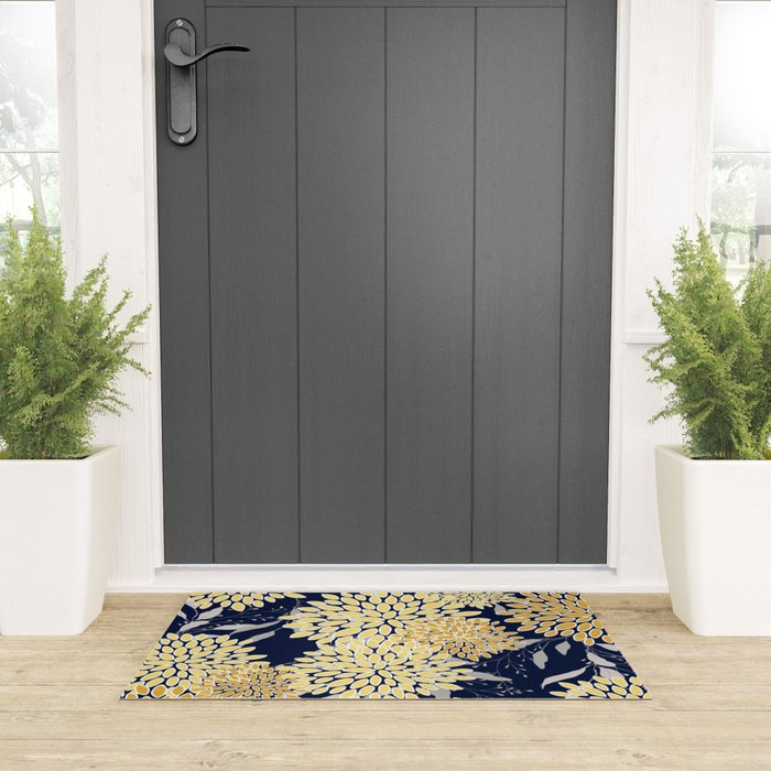Floral Leaves and Blooms, Yellow and Navy Blue Welcome Mat Gallery Image 3