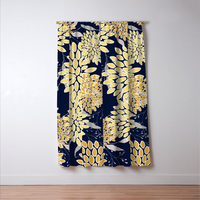 Floral Leaves and Blooms, Yellow and Navy Blue Window Curtain Gallery Image 3