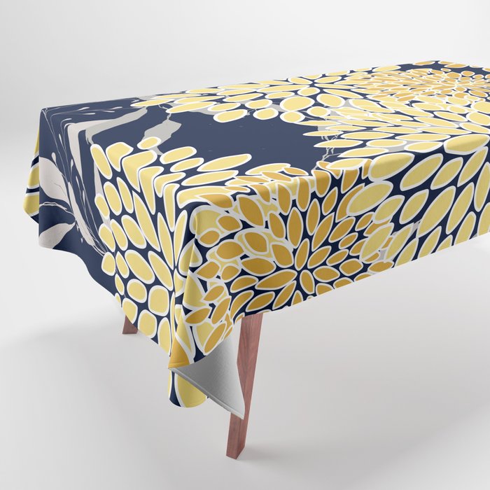 Floral Leaves and Blooms, Yellow and Navy Blue Tablecloth Gallery Image 1