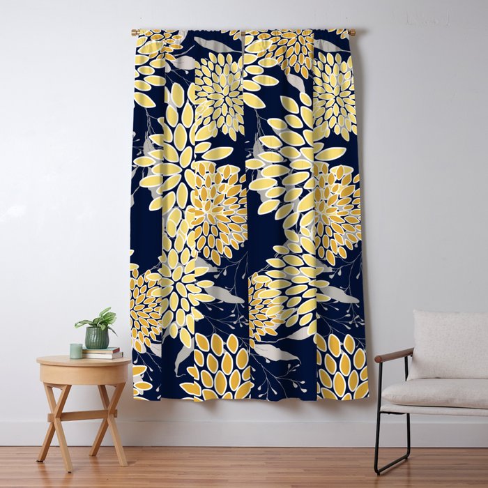 Floral Leaves and Blooms, Yellow and Navy Blue Window Curtain Gallery Image 5