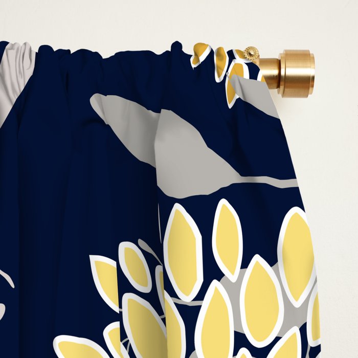 Floral Leaves and Blooms, Yellow and Navy Blue Window Curtain Gallery Image 2