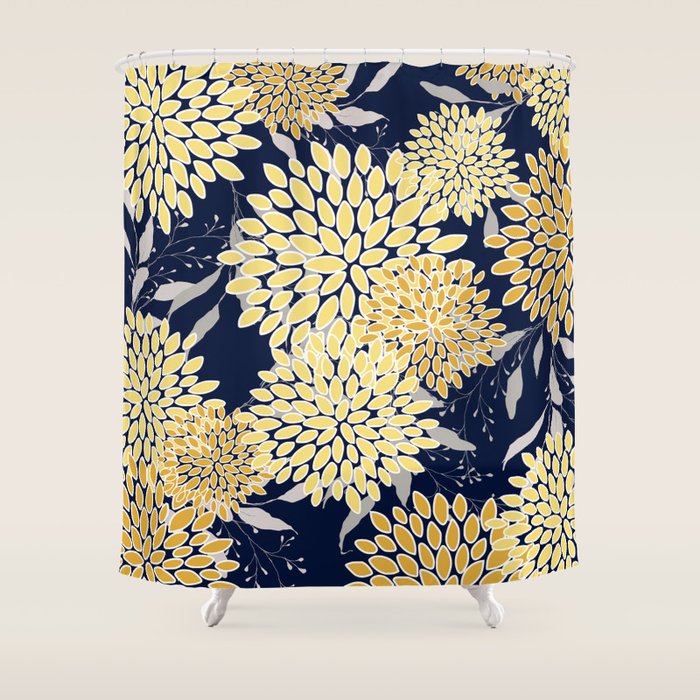 Floral Leaves and Blooms, Yellow and Navy Blue Shower Curtain Gallery Image 1
