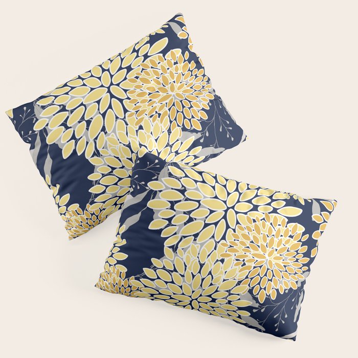 Floral Leaves and Blooms, Yellow and Navy Blue Pillow Sham Gallery Image 1