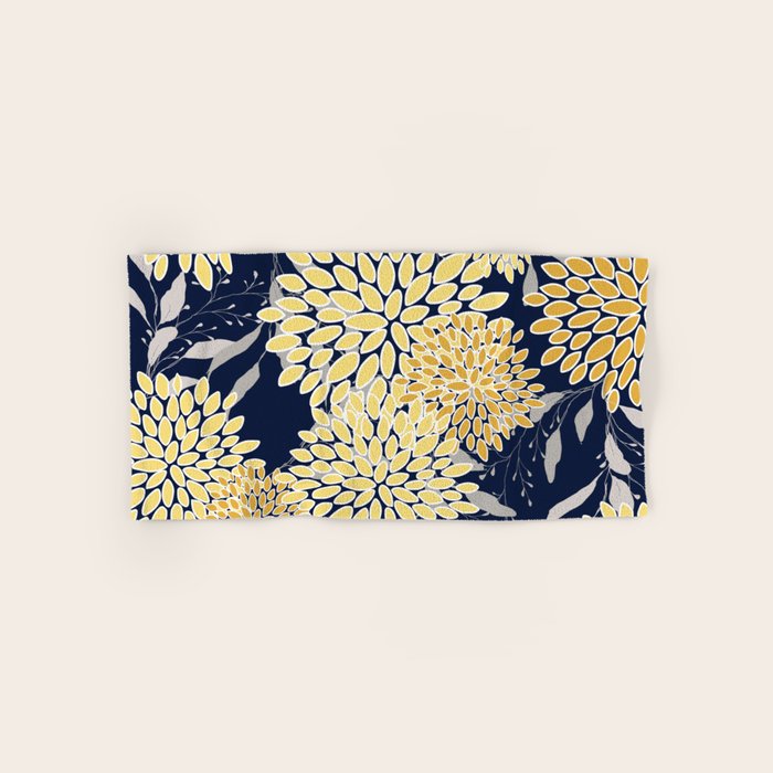 Floral Leaves and Blooms, Yellow and Navy Blue Bath Towel Gallery Image 1