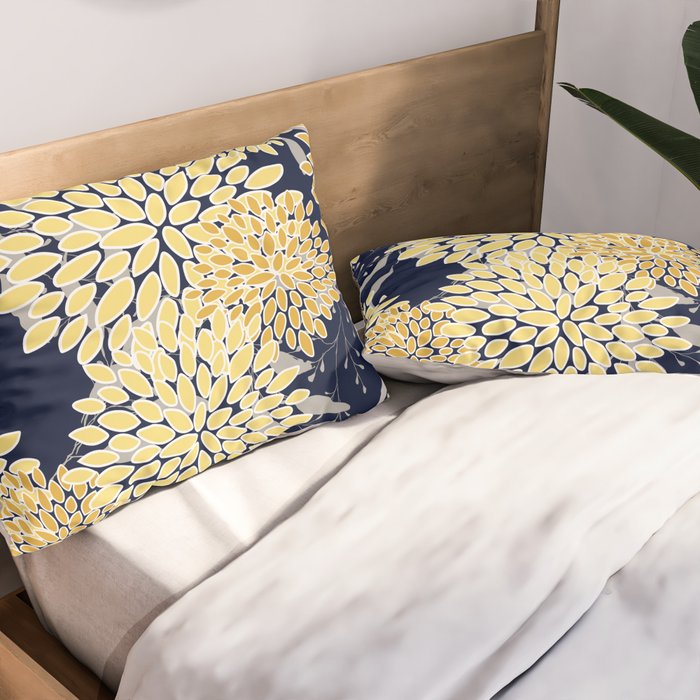 Floral Leaves and Blooms, Yellow and Navy Blue Pillow Sham Gallery Image 2
