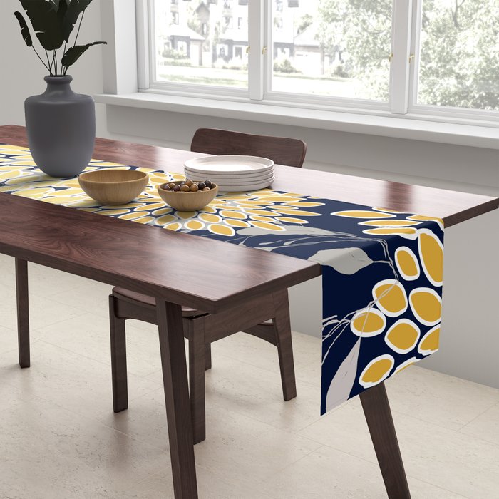 Floral Leaves and Blooms, Yellow and Navy Blue Table Runner Gallery Image 2