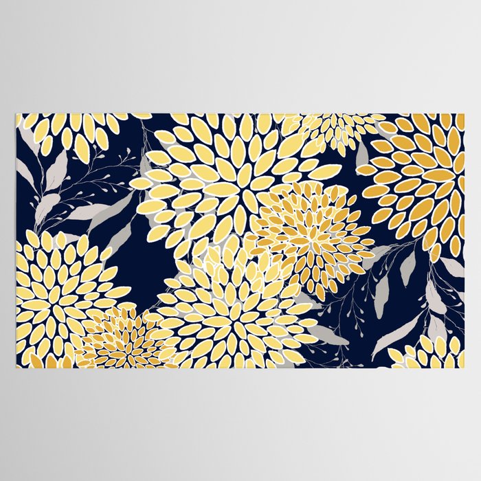 Floral Leaves and Blooms, Yellow and Navy Blue Tablecloth Gallery Image 2