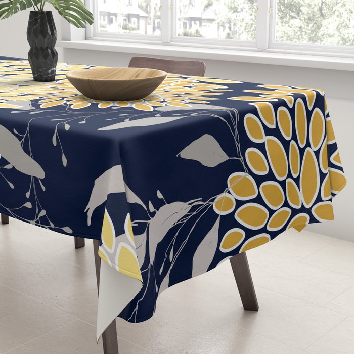 Floral Leaves and Blooms, Yellow and Navy Blue Tablecloth Gallery Image 3
