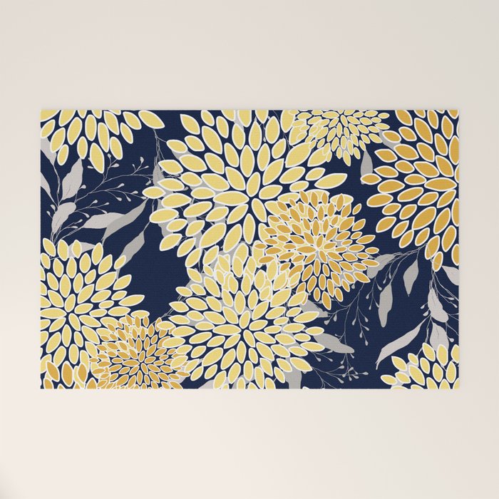 Floral Leaves and Blooms, Yellow and Navy Blue Welcome Mat Gallery Image 1