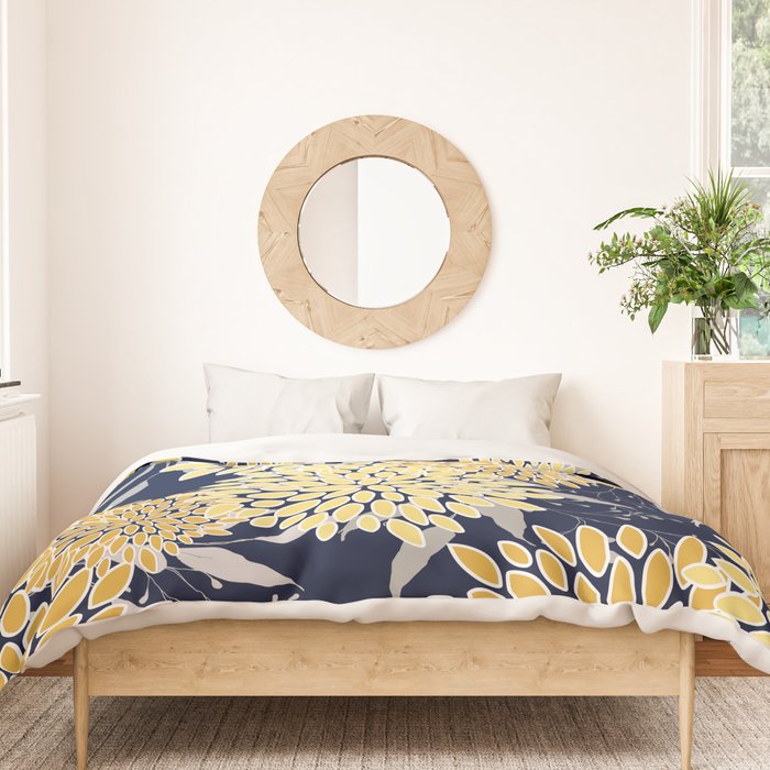Floral Leaves and Blooms, Yellow and Navy Blue Duvet Cover Gallery Image 3