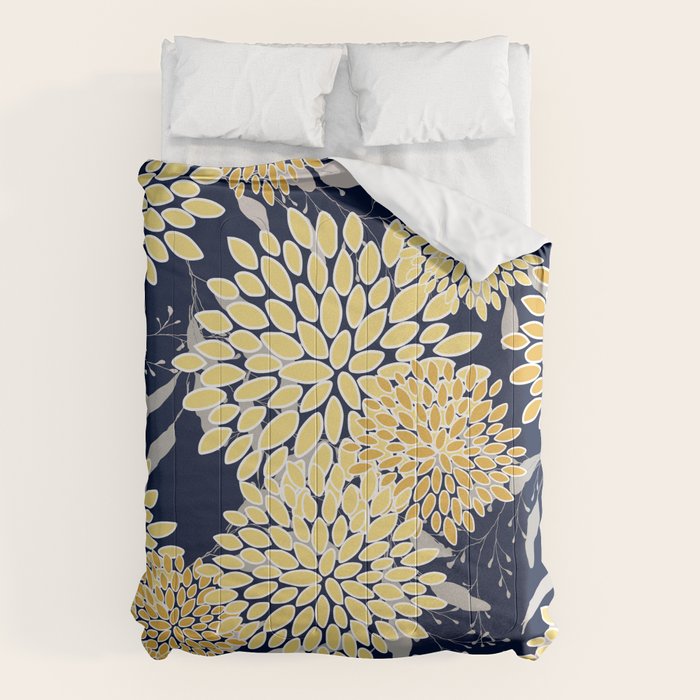 Floral Leaves and Blooms, Yellow and Navy Blue Comforter Gallery Image 1