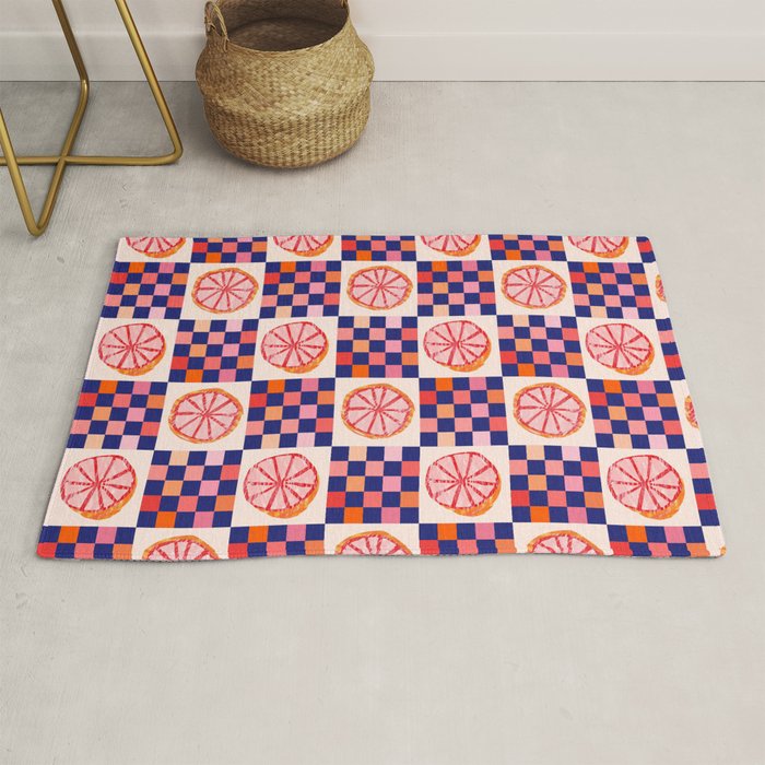 Checkered Sliced Citrus Fruit in Navy & Peachy Pink Rug Gallery Image 1