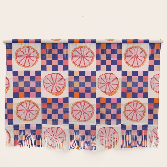 Checkered Sliced Citrus Fruit in Navy & Peachy Pink Wall Hanging Gallery Image 1