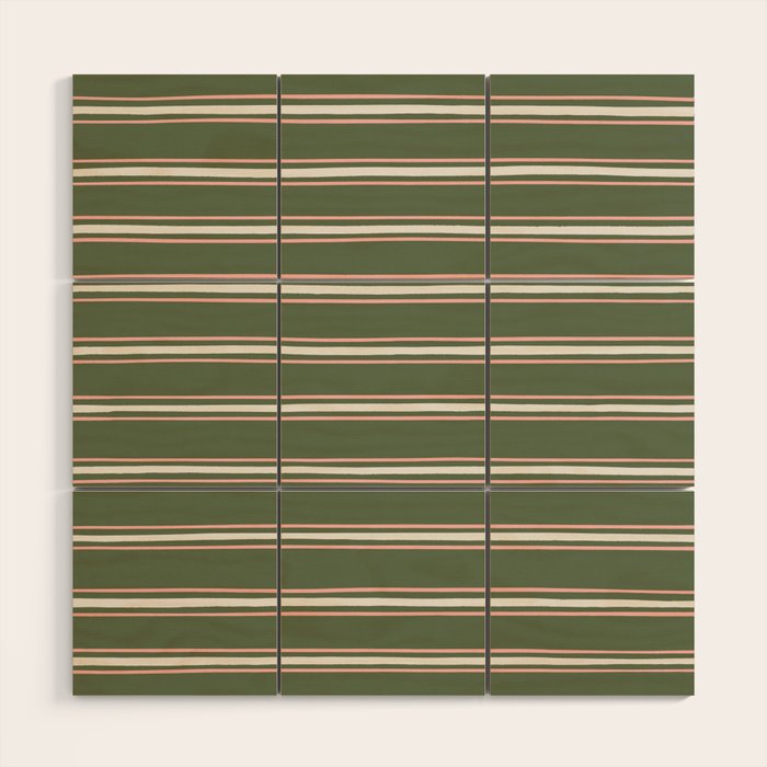 Triple Stripe Pattern Muted Green, Cream, Pink Wood Wall Art Gallery Image 1