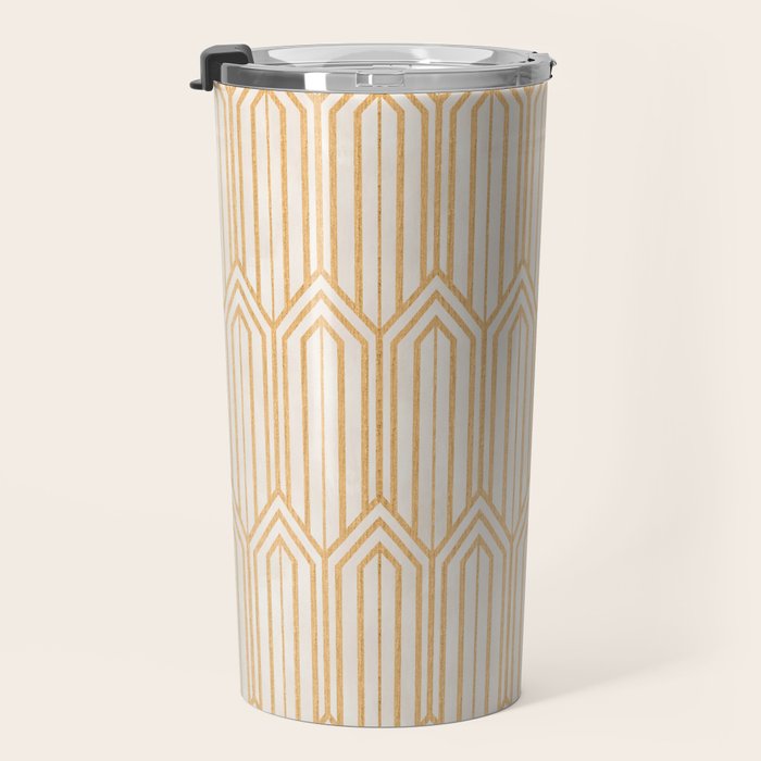 Art Deco Gatsby Geometric Pattern Ivory and Gold Travel Mug Gallery Image 3