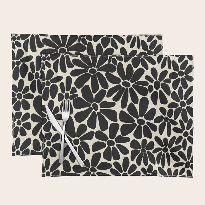 Black and White Retro Floral Art Print  Placemat Gallery Image 1
