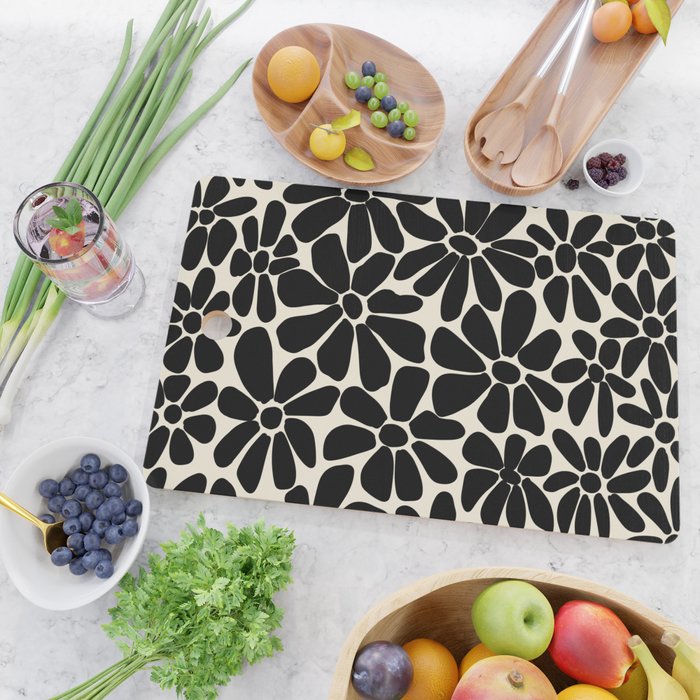 Black and White Retro Floral Art Print  Cutting Board Gallery Image 2