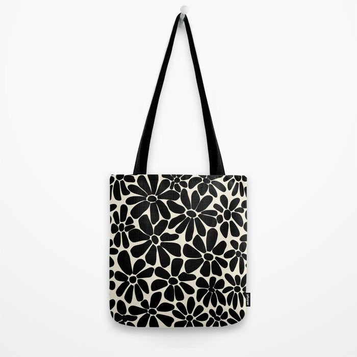 Black and White Retro Floral Art Print  Tote Bag Gallery Image 2