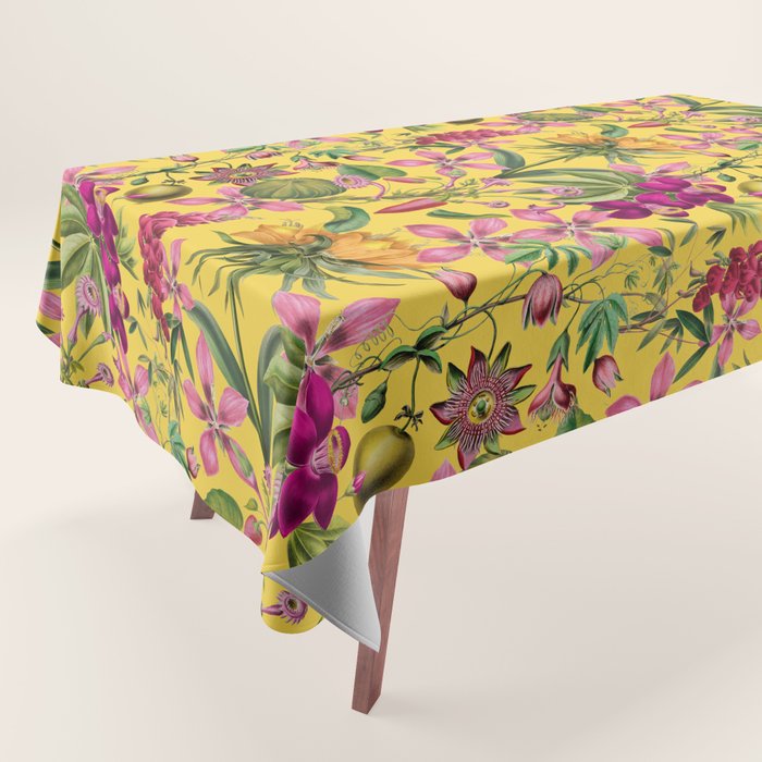 Tropical Bloom Serenade Exotic Floral Pattern Vintage Botanical Vibes Yellow Tablecloth Gallery Image 1