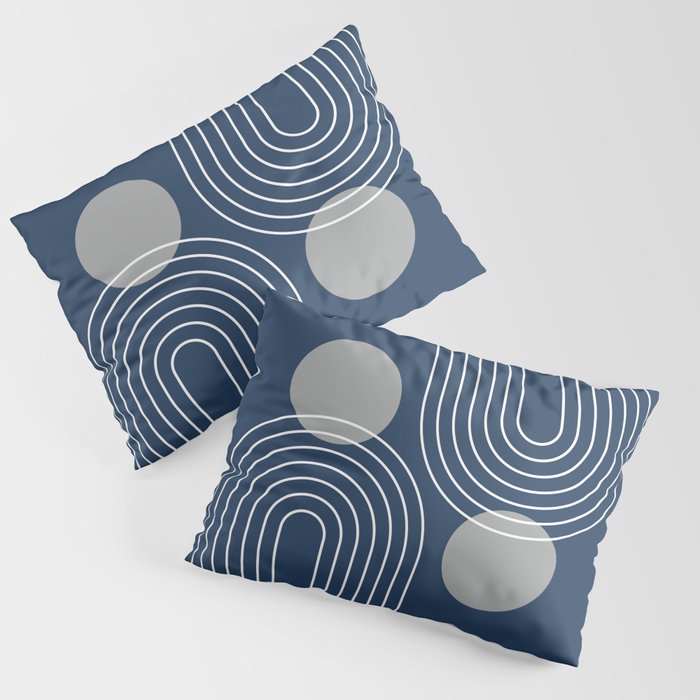 Mid Century Modern Geometric 106 in Navy Blue and Grey (Rainbow and Sun Abstraction) Pillow Sham Gallery Image 3